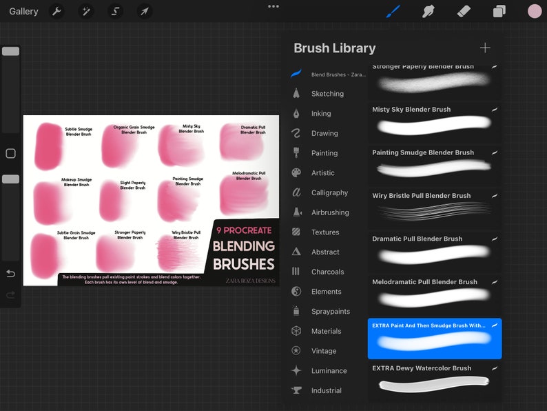 May include: A screenshot of a digital art app showing a library of blending brushes for Procreate. The brushes are categorized by type, such as sketching, inking, drawing, painting, artistic, calligraphy, airbrushing, textures, abstract, charcoals, elements, spraypaints, materials, vintage, luminance, and industrial. The brush names are visible, such as "Misty Sky Blender Brush", "Painting Smudge Blender Brush", "Wiry Bristle Pull Blender Brush", "Dramatic Pull Blender Brush", "Melodramatic Pull Blender Brush", "EXTRA Paint And Then Smudge Brush With...", and "EXTRA Dewy Watercolor Brush".