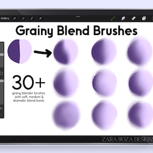 Può includere: Lo schermo di un tablet digitale che mostra un set di oltre 30 pennelli di fusione granulosi per l'app Procreate. I pennelli sono mostrati come cerchi viola con diversi livelli di granulosità. Il testo "Grainy Blend Brushes" e "30+" è visualizzato sullo schermo.