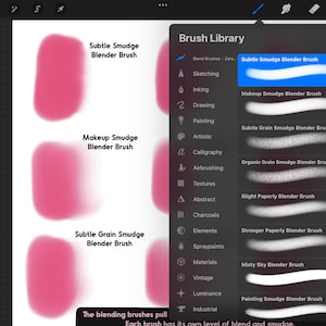 May include: A screenshot of a digital art program's brush library. The library is titled "Brush Library" and features a list of blending brushes, including "Subtle Smudge Blender Brush", "Makeup Smudge Blender Brush", "Subtle Grain Smudge Blender Brush", "Organic Grain Smudge Blender Brush", "Slight Paperly Blender Brush", "Stronger Paperly Blender Brush", "Misty Sky Blender Brush", and "Painting Smudge Blender Brush".
