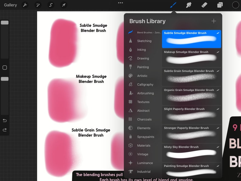 May include: A screenshot of a digital art program's brush library. The library is titled "Brush Library" and features a list of blending brushes, including "Subtle Smudge Blender Brush", "Makeup Smudge Blender Brush", "Subtle Grain Smudge Blender Brush", "Organic Grain Smudge Blender Brush", "Slight Paperly Blender Brush", "Stronger Paperly Blender Brush", "Misty Sky Blender Brush", and "Painting Smudge Blender Brush".
