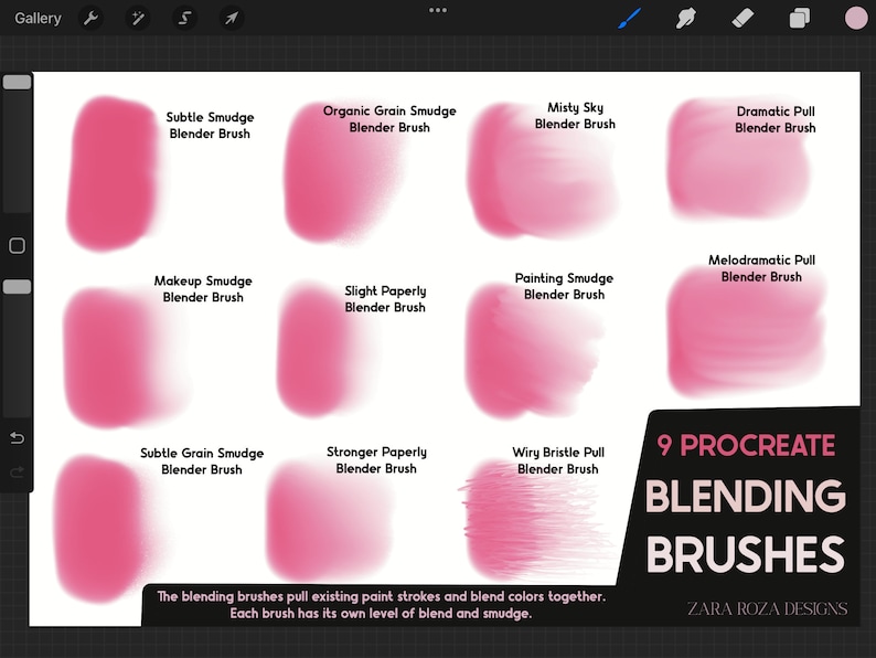 May include: Nine Procreate blending brushes for digital art. Each brush is shown with a pink color swatch and labeled with its name and function. The blending brushes pull existing paint strokes and blend colors together. Each brush has its own level of blend and smudge.