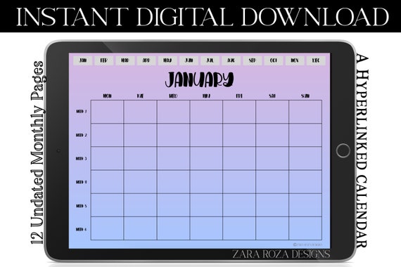 Purple Blue Sky Digital Undated 12 Monthly Calendar Planner Hyperlinked PDF  for Apps Like Goodnotes, iPad Pro, Notability, Noteshelf, Xodo - Etsy