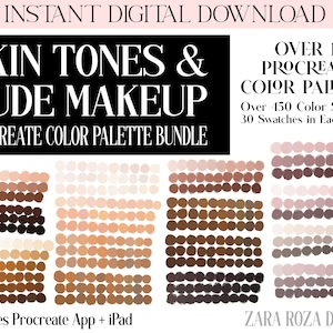 May include: A digital download bundle of 15 Procreate color palettes for skin tones and nude makeup. The bundle includes over 450 color swatches, with 30 swatches in each palette. The image shows a variety of skin tones, from light to dark.
