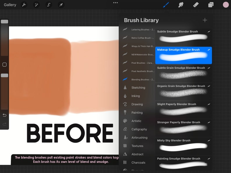 May include: A screenshot of a digital art app showing a brush library with a variety of blending brushes. The text "Makeup Smudge Blender Brush" is highlighted. The word "BEFORE" is written in black text on a white background.