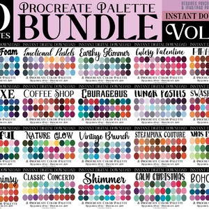 May include: A digital download bundle of 20 Procreate color palettes, featuring a variety of color schemes and themes, including "Rose Sea Foam", "Emotional Pastels", "Earthy Glimmer", "Cutesy Valentine", "Pirate Ship", "Deluxe", "Coffee Shop", "Courageous", "Lunar Pastels", "Swashbuckling", "Eventful", "Nature Glow", "Vintage Brunch", "Steampunk Couture", "Xmas Extravaganza", "Warm Whimsy", "Classic Concerto", "Shimmer", "Calm Christmas", and "Boho Grunge".