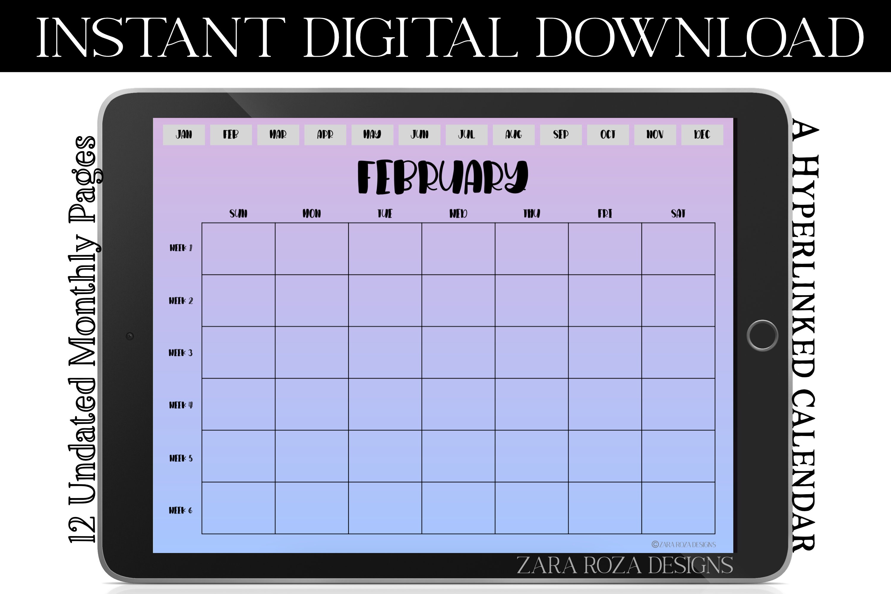 Purple Blue Sky Digital Undated 12 Monthly Calendar Planner ...