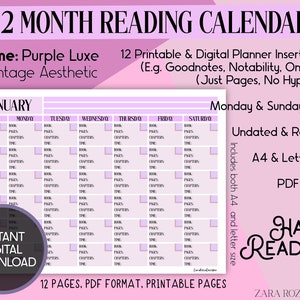 Imprimible Reading Tracker Calendar / Book Log Planner - 12 Meses Retro Estética DIGITAL DOWNLOAD 12 Páginas Lunes Domingo pdf A4 Tamaño Carta