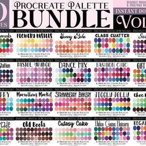 May include: A digital download bundle of 20 Procreate color palettes, featuring a variety of themes, including Christmas ornaments, flowers, and food. Each palette includes 20 color swatches.