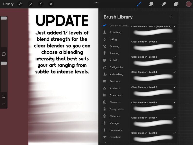 May include: A screenshot of a digital art app showing a list of brush types and their corresponding blend strength levels. The text "UPDATE" is displayed at the top of the image, along with the text "Just added 17 levels of blend strength for the clear blender so you can choose a blending intensity that best suits your art ranging from subtle to intense levels."