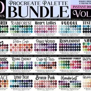 May include: A digital download bundle of 20 Procreate color palettes, featuring a variety of color schemes, including Witchy Green, Rainforest, Heart Lollies, and more. Each palette is displayed as a grid of 20 color swatches.