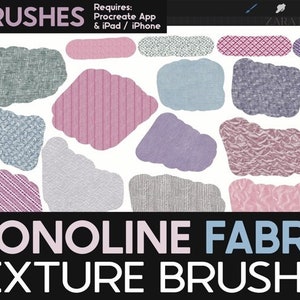 May include: A digital illustration of 30 fabric texture brushes for the Procreate app. The brushes are shown as different colored shapes with various fabric textures, including stripes, polka dots, and woven patterns. The text "30 BRUSHES" and "MONOLINE FABRIC TEXTURE BRUSHES" is displayed in the image.