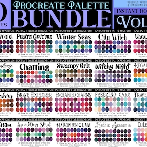 May include: A digital download bundle of 20 Procreate color palettes, featuring a variety of themes and color combinations. The palettes are displayed in a grid format with each palette labeled with a descriptive name, such as "Magical Woods", "Pirate Couture", and "Winter Seas".