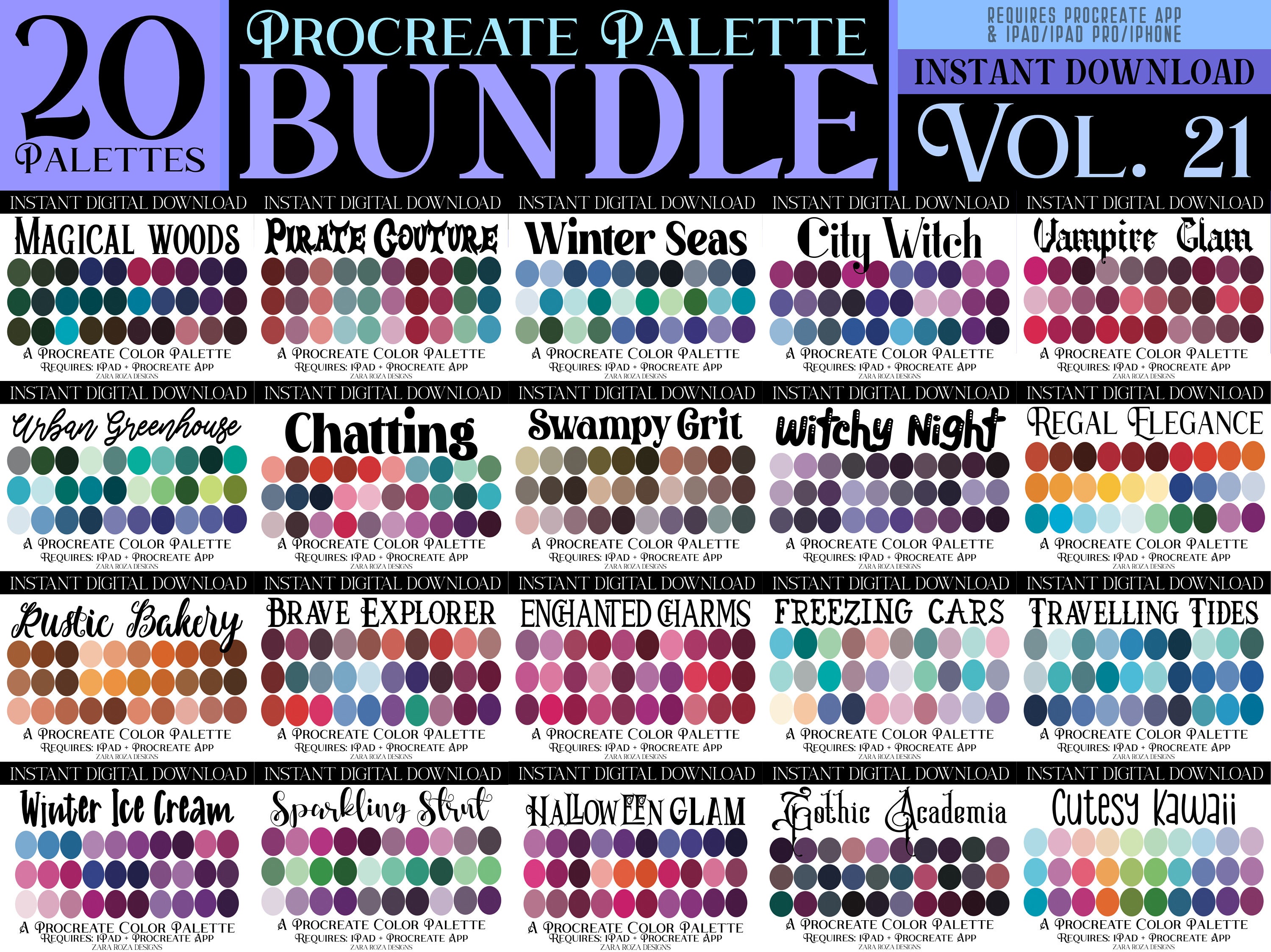 20 Procreate Color Palette Bundle Pack - VOL. 21  Set - Goth Halloween Night Magic Vintage Yellow Orange Red Pink Purple Blue Green Swatches