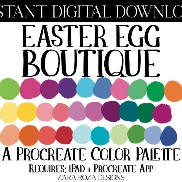 Easter Egg Boutique  - Procreate Color Palette: Bright Pastel Cute Retro Boho Pink Purple Blue Teal Green Red Yellow Orange Pink 30 Swatches