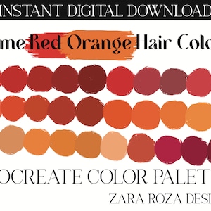 May include: A digital color palette for Procreate featuring 24 shades of red and orange. The palette is titled "Some Red Orange Hair Colors".