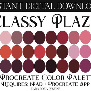 Puede incluir: Una paleta de colores digital para la aplicación Procreate, con 18 tonos de rosa, rojo y marrón. La paleta se titula "Classy Plaza" y requiere un iPad y la aplicación Procreate.