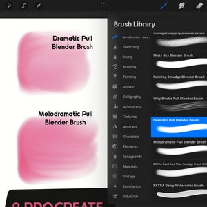 May include: A screenshot of a digital art app showing a list of brushes. The brush list includes "Dramatic Pull Blender Brush", "Melodramatic Pull Blender Brush", "Misty Sky Blender Brush", "Painting Smudge Blender Brush", and "Wiry Bristle Pull Blender Brush".