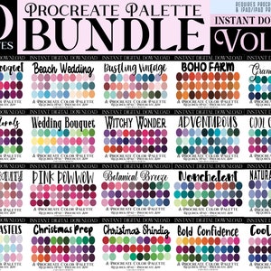 May include: A digital download bundle of 20 Procreate color palettes, featuring a variety of color schemes and themes, including "Splendid Bouquet", "Beach Wedding", "Bustling Vintage", "BOHO FARM", "Grand Fountain", "Dreamy Florals", "Wedding Bouquet", "Witchy Wonder", "Adventurous", "Cool Greenhouse", "Princess Beauty", "Pink Powwow", "Botanical Breeze", "Nonchalant", "Natural Gemstones", "Random Pastels", "Christmas Prep", "Christmas Shindig", "Bold Confidence", and "Cool Condo".