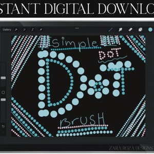 Op de afbeelding: Een digitale illustratie van een Procreate-penseelset voor het maken van eenvoudige stippenpatronen. De penseelset wordt weergegeven op een tabletscherm met de woorden "simple dot brush" geschreven in een gestippelde stijl.