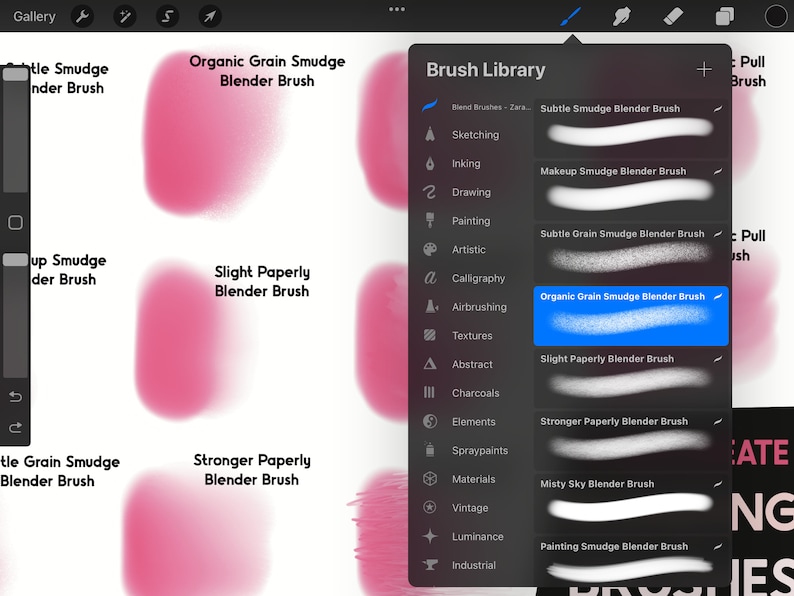 May include: A screenshot of a digital art program showing a list of different blending brushes. The brushes are named "Subtle Smudge Blender Brush", "Makeup Smudge Blender Brush", "Subtle Grain Smudge Blender Brush", "Organic Grain Smudge Blender Brush", "Slight Paperly Blender Brush", "Stronger Paperly Blender Brush", "Misty Sky Blender Brush", and "Painting Smudge Blender Brush".