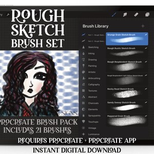 May include: A digital illustration of a woman with dark red hair and a black and blue outfit. The image is on a tablet screen showing a Procreate brush pack with 21 brushes for creating rough sketches. The text on the screen reads "Rough Sketch Brush Set" and "Procreate Brush Pack Includes 21 Brushes".