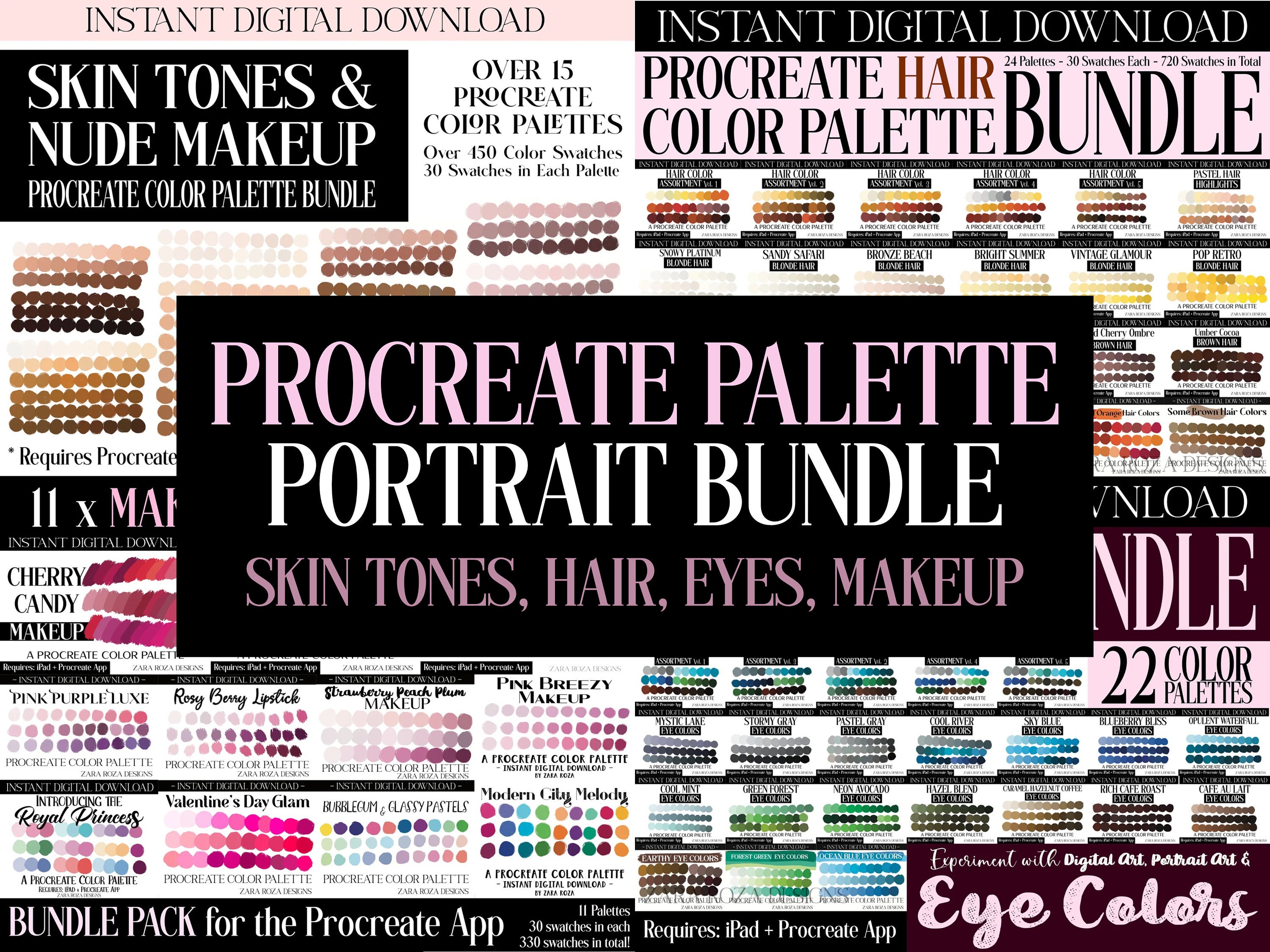 Grand Bundle : plus de 70 palettes Procreate pour portraits – carnations, yeux, cheveux et maquillage (téléchargement instantané)