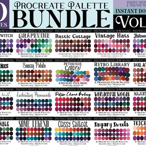 May include: A digital download bundle of 20 Procreate color palettes. The palettes are arranged in a grid with each palette featuring a different color scheme and name. The names include "Classy Witch", "Grapevine", "Rustic Cottage", "Vintage Hats", "Halloween Masquerade", "Dark Vines", "Snazzy Potato", "Picturesque Garden", "Retro Library", "Dark Academia Library", "Wonderlust Well", "Enchanting Promenade", "Potion Chore Makeup", "Wonderful Woods", "Majestic Christmas", "Forest Fable", "Some Legend", "Classy Sailboat", "Sugary Sweets", and "Trick or Treat".