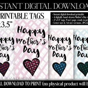 4 Muttertag Druckbare Tags - Digital handgezeichnete 2x3,5 Zoll Favor Tags PDF, JPG - Sofortiger Digitaler Download - Drucke auf A4 & Letter Size