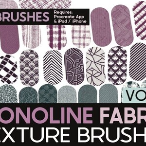 May include: A set of 30 digital brushes for the Procreate app, featuring monoline fabric textures in shades of purple and gray. The brushes are designed for use on an iPad or iPhone. The text "VOL. 4 MONOLINE FABRIC TEXTURE BRUSHES" is displayed at the bottom of the image.