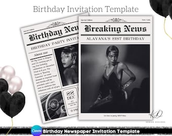 Birthday Newspaper Invitation Template Canva Editable 4 Pages