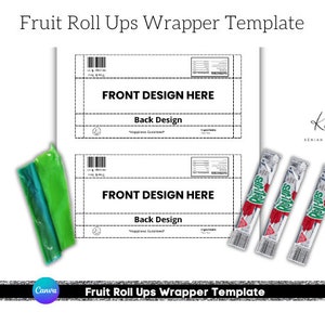 Puede incluir: Plantilla imprimible para envoltorios de Fruit Roll-Ups. La plantilla incluye un área de diseño frontal y posterior con el texto "FRONT DESIGN HERE" y "Back Design" con las palabras "Happiness Guaranteed".