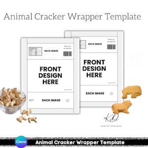May include: A printable template for animal cracker boxes. The template includes space for a front design, back image, and a thank you message. The template is designed to be printed on 8.5 x 11 inch paper.