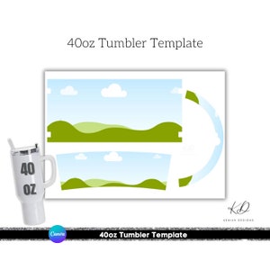 Puede incluir: Una plantilla para un vaso de 40 oz con un diseño de colinas verdes y cielo azul. La plantilla incluye un diseño envolvente para el vaso y un diseño separado para la tapa.