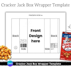 May include: A printable template for a Cracker Jack box wrapper. The template includes a front, back, and side panel design. The front panel has the text "Front Design here". The back panel has the text "Back". The side panel has the text "Side". The template is designed to be printed on 8.5 x 11 inch paper.