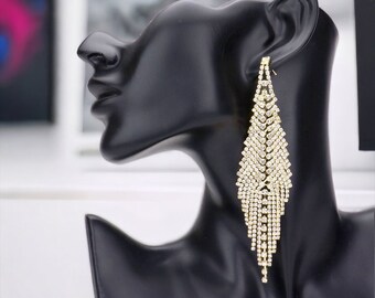 Long Clear Crystal Earrings l Competition Jewelry I Rhinestone Earrings I Statement Pageant Earrings l Formal Earrings l Bridal Earrings