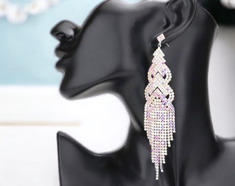 Long AB Earrings, AB Competition Jewelry, AB Pageant Earrings, Ab Dangle Rhinestone Statement Earrings, Formal Rhinestone Earrings, Drag