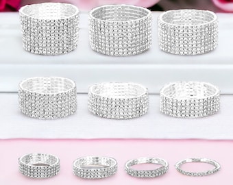 1-10 Rows Clear on Silver Stretch Crystal Rhinestone Bracelet, Bridal, Prom Bride, Drag, Bridesmaids, Bikini Competition Jewelry, Pageant