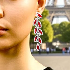 Ruby Red Rhinestone Leaf Drop Earrings, Silver Statement Dangles, Competition Pageant Jewelry, Formal Glam Accessory