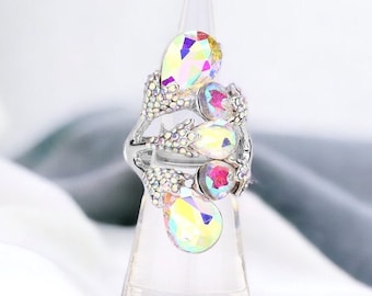 AB Silver Teardrop Crystal Rhinestone Stretch Statement Ring-Bikini Competition, Bridal Party, Pageant, Drag Pageant, Prom, Gifts for Her,
