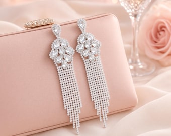 Clear Marquise Crystal Earrings, Silver Rhinestone Statement Dangle Earrings, Bridal Pageant Jewelry