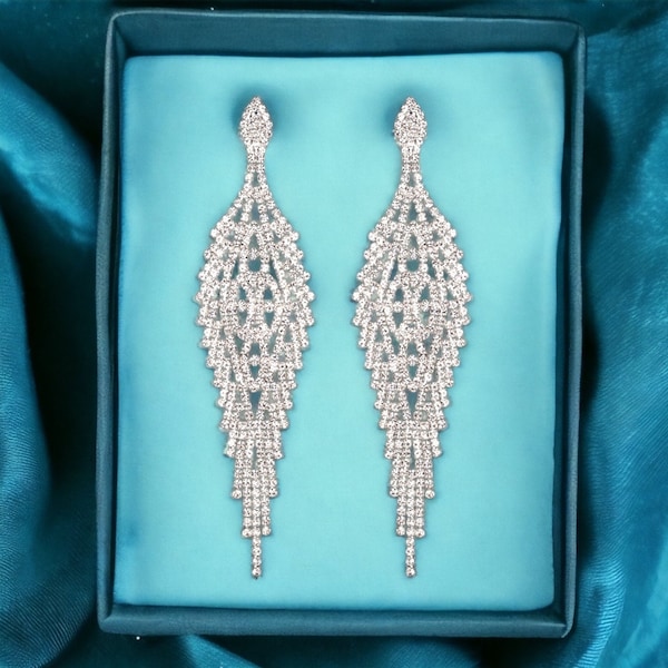 Silver  Clear  Rhinestone  Drop  Earrings - NPC Bikini Competition Jewelry, Wedding Earrings,Drag Earrings, Pageant earrings, Bridal Party