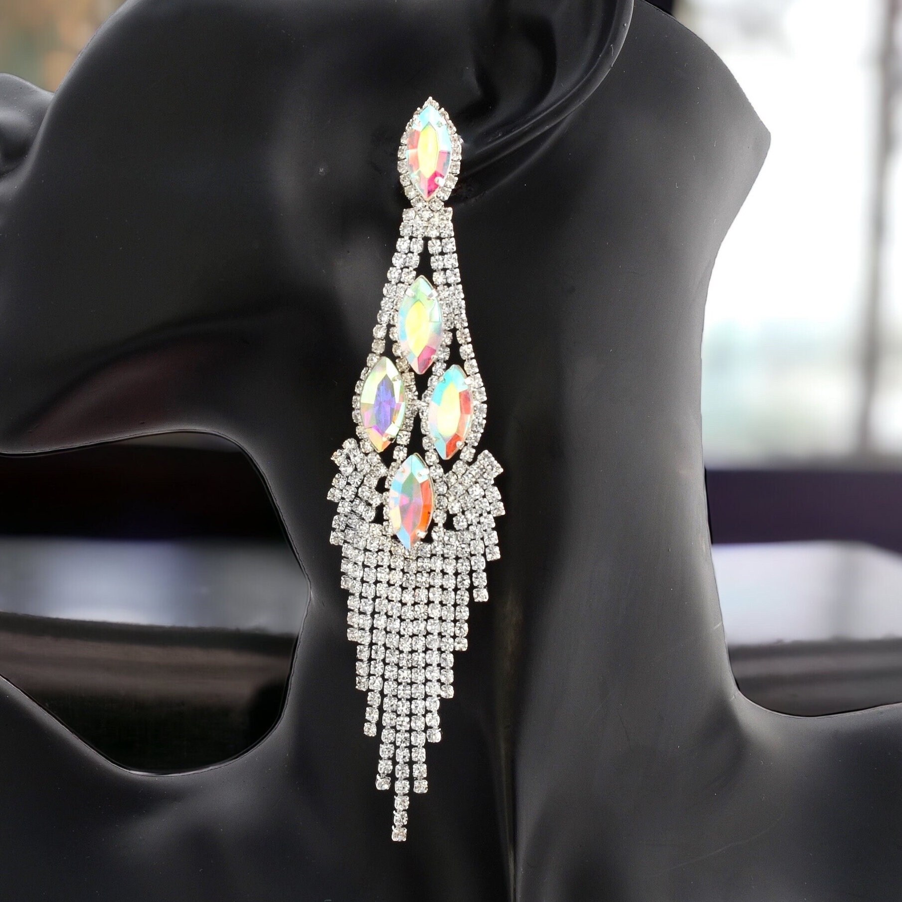 3.25" Crystal Silver AB Clear Rhinestone Earrings – Dangle Chandelier Clip-On – Aurora Borealis – Pageant Ready
