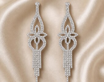 Clear Crystal Floral Drop Earrings Silver Bridal Wedding Pageant Prom
