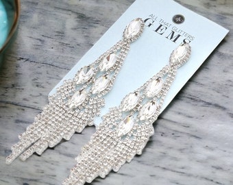 long rhinestone earrings, clear Competition Jewelry, clear rhinestone pageant Earrings, Gifts For Her, clear rhinestone pageant Earrings