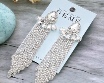 Long rhinestone earrings formal gifts for her clear dangle pageant earrings bridal statement drag competition earrings hypoallergenic post