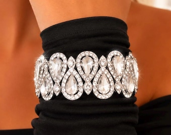 Clear Rhinestone Stretch Bracelet Silver Teardrop Cuff, Bridal Prom Pageant Jewelry, Competition Bikini Figure Bracelet