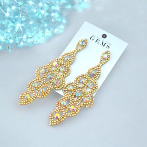 AB Gold Crystal Earrings, big ab gold earrings, ab Gold Chandelier Earrings, AB Gold Pageant Earrings, ab Gold competition jewelry Earrings
