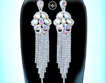 Silver Clear AB Rhinestone Crystal Dangling Earrings - Bikini, Wellness, IFBB, NPC, Formal, Weddings, Pageants, Special Occasions.
