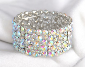 AB Rhinestone Stretch Cuff Bracelet 1.25&#39; wide, wedding bridal prom competition jewelry drag pageant gifts for her accessories