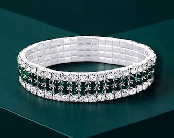 Pulsera elástica de esmeralda y diamantes de imitación, plateada, Stage Jewelry
